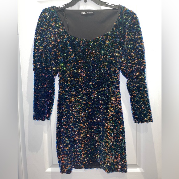 zara sequin dress long sleeve SEQUIN PEARL KNIT MINI DRESS - Silver